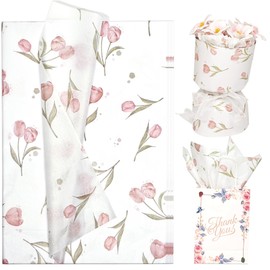 Floral Tissue Paper, White with Pink Tulip Flowers Pattern- 20"x30" 15 Sheets, Elegant Gift Wrapping Tissue Paper for Gift Bags Packaging, Mother's Day Wedding Party Decor Spring Baby Shower Supplies