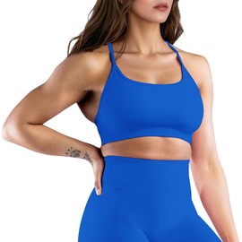 Jetjoy Workout Sports Bras for Women Halter Crisscross Backless Impact Bra Padded Backless Seamless Gym Yoga Crop Top Blue