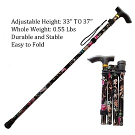 Collapsible Walking Cane for Women & Senior Men, Folding Lightweight Sticks for Seniors Balance, Adjustable Canes, Stick and Crutches for Adults, bastones para caminar Mujer & Hombre (Flower Black)