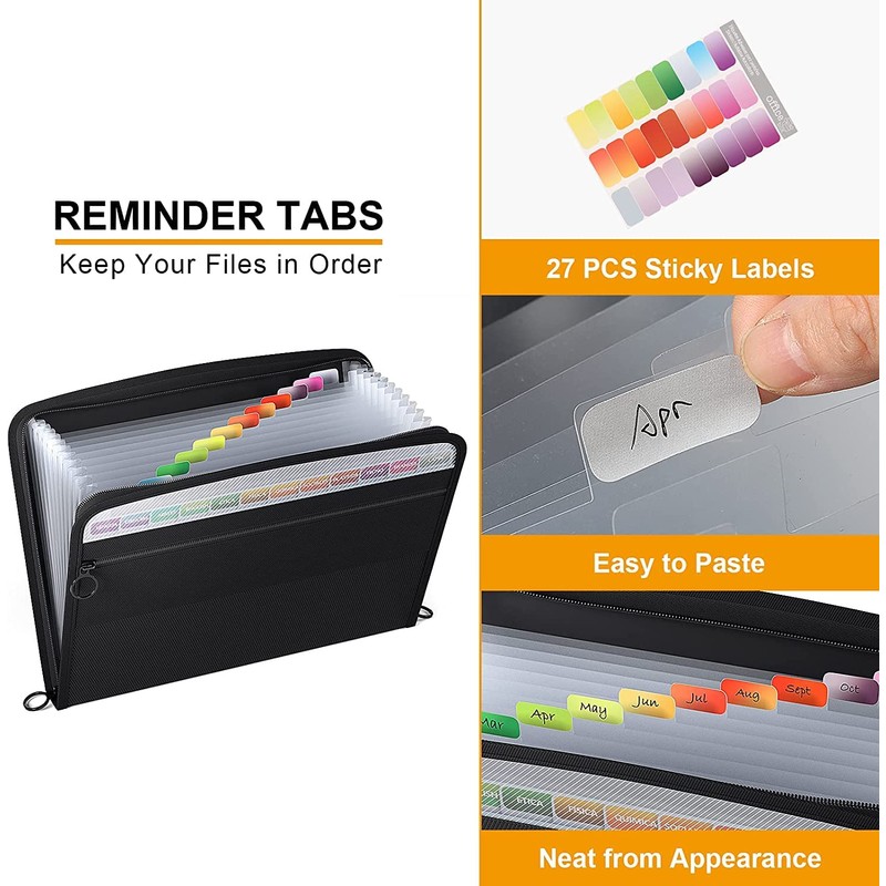 ABC life Document Folder, A4 Black, 13 Compartments, Document Bag,