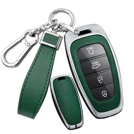 SANRILY PU Leather 4/5/7/8 Button Key Fob Cover Fit for Hyundai Tucson 2024 Palisade Sonata 2023 2022 Santa fe Keyless with Leather Keychain Silver-Green