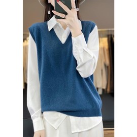 Ailaile Women's V-Neck Knit Sweater Vest 100% Merino Wool Lightweight Sleeveless Pullover Basic Vest Short Tops Ink Blue