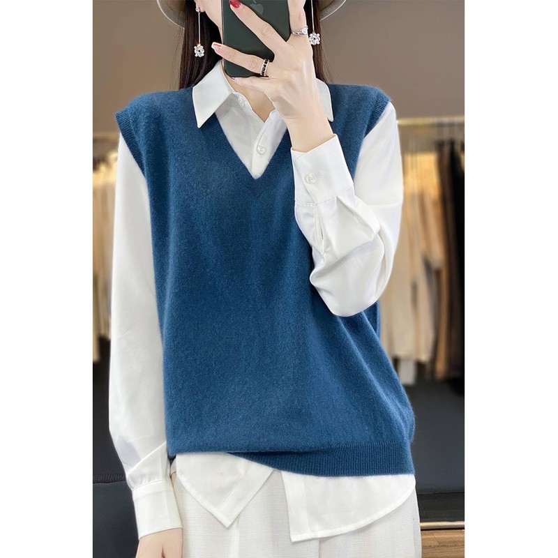 Ailaile Women's V-Neck Knit Sweater Vest 100% Merino Wool Lightweight