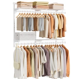 SONGMICS HOME Closet System, Closet Insert Organizer, 2-4 ft, Adjustable Metal Shelving Unit with 4 Hanging Rods, 4 Shelves, and Hooks, for Pantry Mudroom Garage Basement, Cloud White URGR031W01