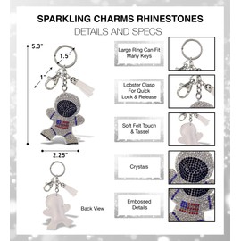 Aqua79 Astronaut Keychain - Silver Sparkling Rhinestones Charm with Tassel, Fashionable Stylish Polyester PU Spaceman Key Ring Bling Jewelry Accessory with Clasp For Key Chain, Bag, Purse and Backpack