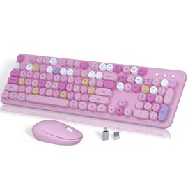 Wireless Keyboard and Mouse, Links9+ Full-Size Retro Typewriter Keyboard with Round Keycaps, 2.4GHz for Windows, Mac, Laptop, PC, Desktop (Pink Colorful)