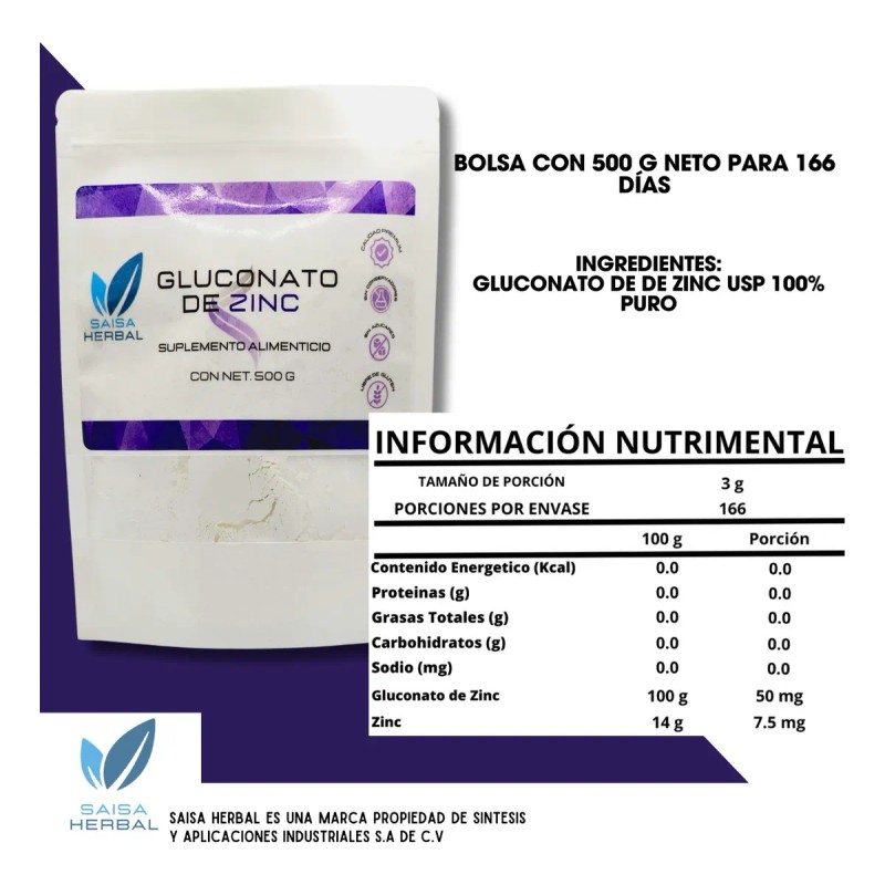 Gluconato De Zinc Bolsa Con 500 G.