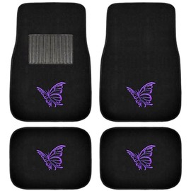 A Set of 4 Universal Fit Front and Rear Logo Plush Carpet Floor Mats - Purple Butterfly