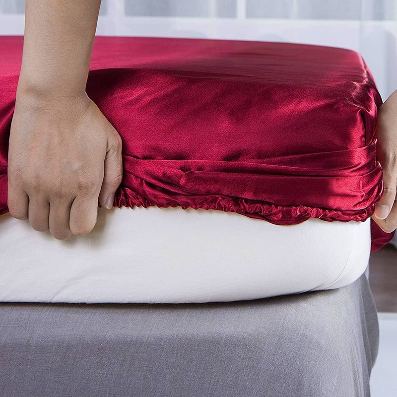 Silky Satin Fitted Sheet Classic Luxury Silky Soft Plain (Burgundy,