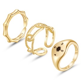 KissYan Gold Ring Set for Women, 14K Gold Plated Stackable Open Knuckle Finger Rings Chunky Twisted Signet Band Rings Adjustable Dainty Jewelry Gifts(03)