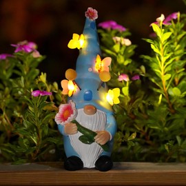 BUARO8AGA Gnome Garden Statues Outdoor Decor, 10.2" Tall Large Blue Resin Gnomes Figurine Solar LED Lights with Butterfly Gnomes Decorations for Yard Patio Lawn Porch, Housewarming