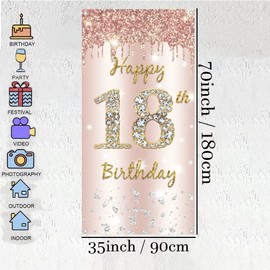 Happy 18th Birthday Door Banner Backdrop Decorations for Girls, Pink Rose Gold 18th Birthday Party Door Cover Sign Supplies, Eighteen Years Old Birthday Poster Background Photo Booth Props Décor