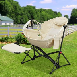 Ainfox Hammock Camping Chair with Footrest, Heavy Duty Foldable Portable Rocking Hammock Chairs Outside Swinging Camp with Cup Holder Pillow for Outdoor Patio Poolside Beige 2 Pack