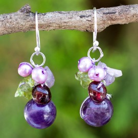 NOVICA Artisan Handcrafted Amethyst Cluster Earrings | Pearl Dangle Earrings | Sterling Silver Earrings | Multi Color Purple Earrings | Natural Healing Crystal Earrings | Thailand Birthstone Bright