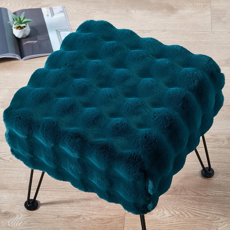 Warmaxx Teal Square Faux Fur Bubble Ottoman Soft Fuzzy Entryway