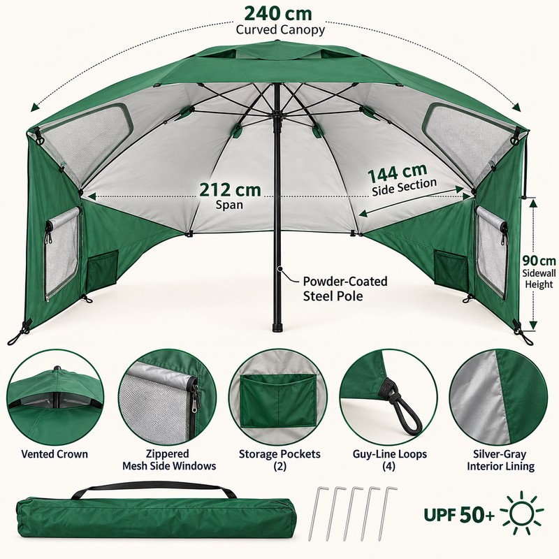 UPF 50+ Beach Umbrella with Sand Anchor, 94 Inch Windproof