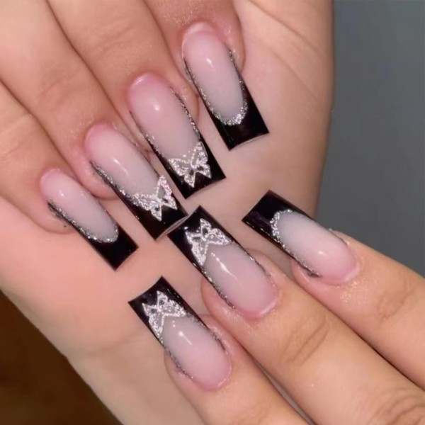 Bling Black French Tip Press on Nails Long Square Fake