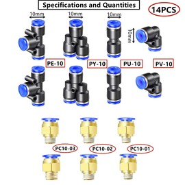 HUAZIZ 5 m PU Pneumatic Hose, Black Pneumatic Polyurethane Pneumatic Hose, Flexible Compressed Air Hose, with 14 Pieces Pneumatic Connectors, Air Push Quick Couplings, Outer 10 mm x Inner 6.5 mm