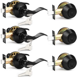Probrico Front Door Entry Lever Lockset, Single Cylinder Deadbolt Combination Set, Flat Black Finish Keyed Alike Combo, Reversible for Right and Left Side 3Pack