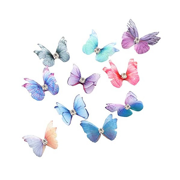 10 Pieces 15 mm Double Layer Chiffon with Diamond Butterfly Acrylic Nails Charms Nail Design DIY Craft Accessory (Multi-Color)