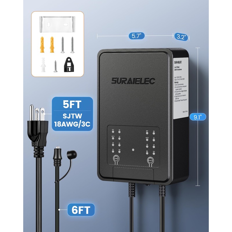 SURAIELEC 200W Low Votage Landscape Transformer with Timer, 2 Zones