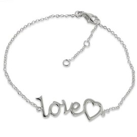 Love Text Word with Heart Charm Bracelet - 925 Sterling Silver
