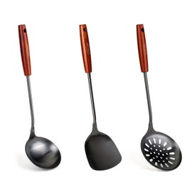 FJNATINH Wok spatula and ladle,Skimmer Ladle Tool Set, 17inches Spatula for Wok, 304 Stainless Steel Wok Spatula,Black