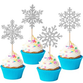24 piezas de decoración de copos de nieve con purpurina para cupcakes, diseño de copos de nieve, baby shower, niños, cumpleaños, Navidad, fiesta, decoración de pasteles, suministros de plata