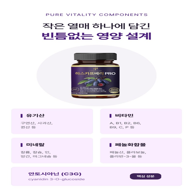 바이탈클래스 유기농 하스카프베리 동결건조 c3g 안토시아닌, 60정, 2개 Vital Class
