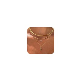 Feskive Layered Gold Necklaces for Women，Stackable 14K Gold Plated Tiny Initial Necklaces Simple CZ Cross necklace Dainty Layered Necklace Different Length Pendant Necklace Gold Jewelry Set for Women