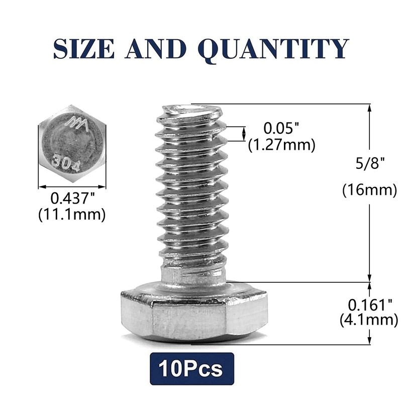 1/4-20 x 5/8" Hex Head Screw Bolt, 10Pcs 18-8 (304)