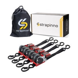 Strapinno Retractable Ratchet Straps 1 in x 10 ft, Secure Tie-Downs with Rubber-Coated Steel Handles, for Motorcycle, Jetski, Kayak, Breaking Strength 1,500LBS/680KG (Black Strap, Black Coated)