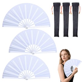 QIYUDA 13inchs Glitter Large Folding Popping Fan Line Dancing Fan, Big Foldable Boots on The Ground Hand Handheld Line Dance Clap Fans (3, 3 Pcak White(Not Glitter))