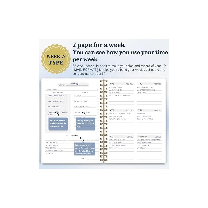 Undated Weekly Planner Notebook, A5 Planner Notebook Daily Diary,Weekly Goals