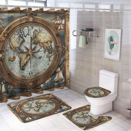 TIKRBMLB 4Pcs Vintage World Map Compass Shower Curtain Set with Toilet Lid Cover Non-Slip Rugs for Bathroom, Ocean Antique Nautical Sailboat Shower Curtain Bathroom Sets with Hooks, 72x72 Inch