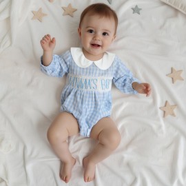 Socutebabe Baby Boy Fall Clothes Newborn Bubble Romper Long Sleeve Smocked Bodysuit Cute One Piece Outfit Mama Boy Outfits (Blue, 6-12 Months)