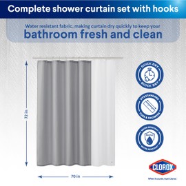CLOROX Bathroom Shower Curtain with Waterproof Lightweight PEVA Liner Set, Standard Size for Bathroom, with Weighted Magnets and 12 Metal Hooks - 70" x 72" Grey