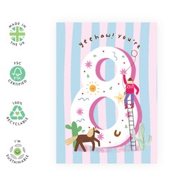 Central 23 Girl Birthday Card 8 year Old - Cowgirl - 8th Birthday Card For Kids - Happy Eighth Birthday Cards For Daughter Granddaughter Niece - Farm Rodeo Theme - Comes With Cute Stickers