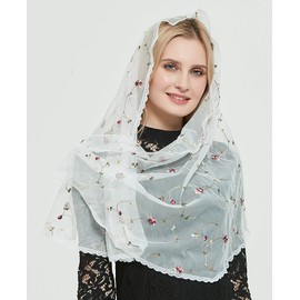 Leimandy Orthodox Veil Head Covering with Embroidered flowers Catholic Chapel Mantilla veil V50 (Ivory veil)