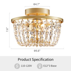 WUZUPS Crystal Chandelier Semi-Flushmount Ceiling Light Modern Lighting Fixture for Bedroom Hallway Bar Kitchen Bathroom, H 7.6" x W 9.8", Gold, E12 Base
