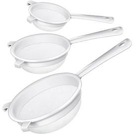 3 Pcs Plastic Nylon Mesh Strainer Colander with Handle Double Ear Fine Food Mesh Strainer Flour Sifter for Baking Kitchen Strainer Tea Juice Pasta Strainer (White, 8cm+10cm+14cm)
