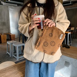 Corduroy Makeup Bag Large with Cute Smile Face Pattern,KQueenest Aesthetic Women Handbags Portable Toiletry Bag Cosmetic Bag Travel Storage Makeup Organizer for Women Girls (Brown)