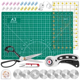 WhisperDream 45mm Rotary Cutter Set - White Rotary Cutter Kit including 45mm Rotary Cutter for Fabric, 8 Replacement Blades, A3 Cutting Mat, 9 inch Sewing Scissors, Ruler, Clips and Tape Measure