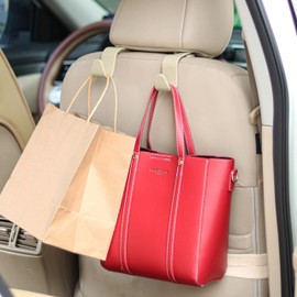 Amooca Universal Multifunctional Car Vehicle Headrest Hook, Organizer Hanger Storage Hook for Bag Purse Cloth Grocery (Beige Set of 4)