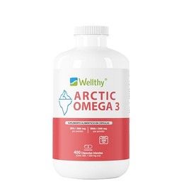 Wellthy Acrtic Omega 3 Softgel 400 Cápsulas. 360mg EPA, 240mg DHA, 100 Dias de Consumo, Hecho en Planta Certificada.