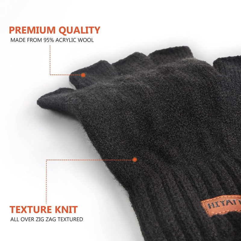 HIYATO Mens Fingerless Gloves,Winter Warm Knit Gloves with Soft Lining,Touchscreen
