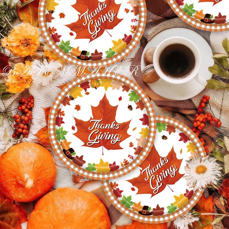 Thanksgiving Fall Paper Plates 7" Autumn Maple Leaf Print Disposable