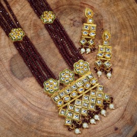 I Jewels Girls 18K Gold Plated Indian Wedding Bollywood Uncut Polki Kundan Multi Strand Brass Necklace Jewelry Set With Earrings (Ml252M) Maroon