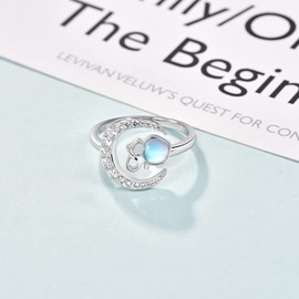 Moonstone Ring 925 Sterling Silver Lotus Owl Adjustable Open Ring Rainbow Moonstone Ring Birthday Gifts for Women Girls (C-elephant ring)