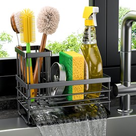 Cisily Sink Caddy Sponge Holder for Kitchen with Brush Holder and Stainless Steel Self Drain Tray, Rustproof Kitchen Sink Organizer for Sponge, Soap Dispenser Storage Accessories